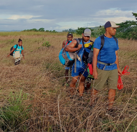 Youth group walking in the wilderness