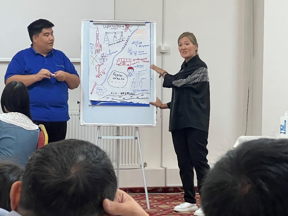 Aigerim stands at an easel that holds a large sheet of paper. She is describing the drawings on the paper, which outline her advocacy project plan.