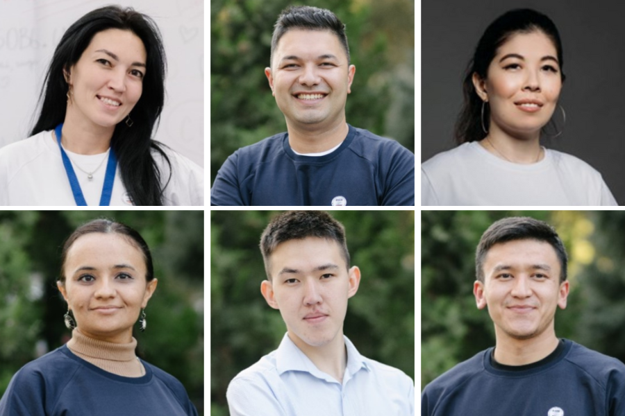 A collage of headshots featuring 6 young leaders from Central Asia, 3 women and 3 men.