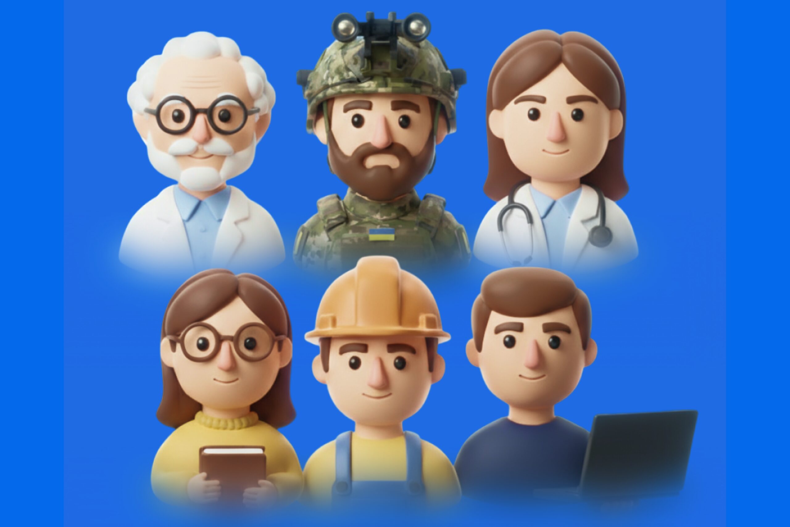 An illustration of six people wearing outfits indicative of different professions, such as a doctor, a person in the Ukrainian military, a construction worker, and more.